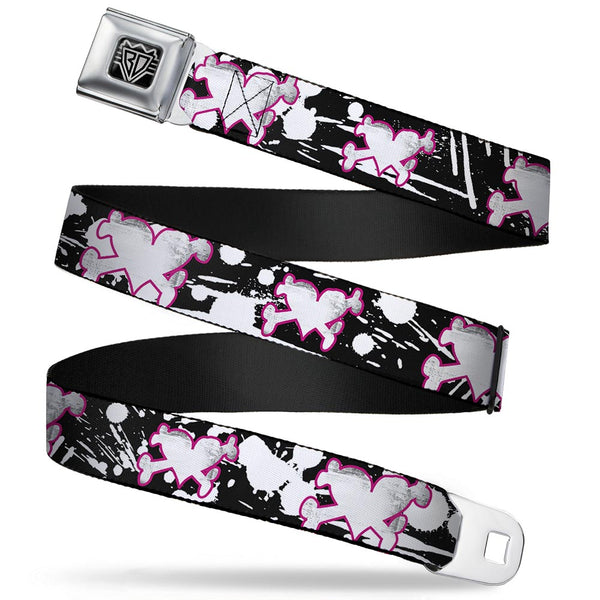 Buckle-Down BD Wings Logo CLOSE-UP Full Color Black Silver Seatbelt Belt - Heart & Cross Bones w/Splatter Black/White Webbing