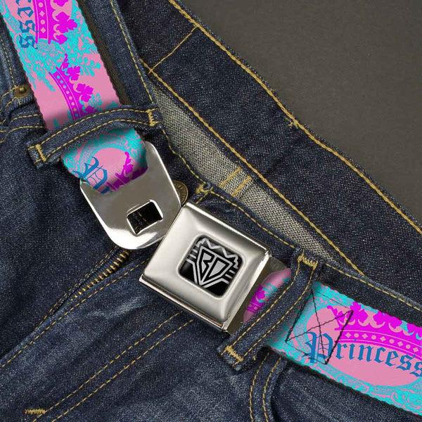 Buckle-Down BD Wings Logo CLOSE-UP Full Color Black Silver Seatbelt Belt - Crown Princess Oval Pink/Turquoise Webbing