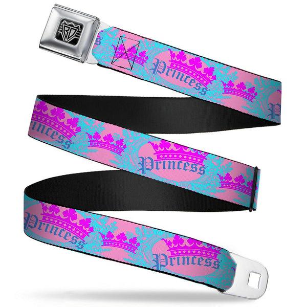 Buckle-Down BD Wings Logo CLOSE-UP Full Color Black Silver Seatbelt Belt - Crown Princess Oval Pink/Turquoise Webbing