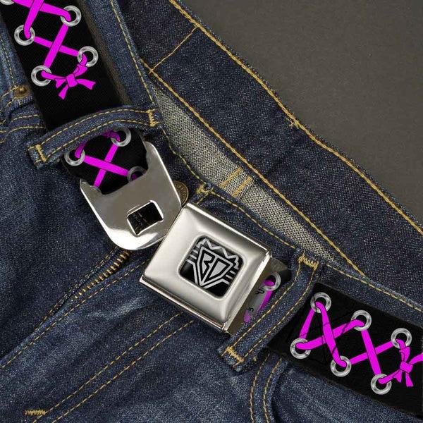 Buckle-Down BD Wings Logo CLOSE-UP Full Color Black Silver Seatbelt Belt - Corset Lace Up Black/Fuchsia Webbing