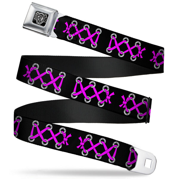 Buckle-Down BD Wings Logo CLOSE-UP Full Color Black Silver Seatbelt Belt - Corset Lace Up Black/Fuchsia Webbing