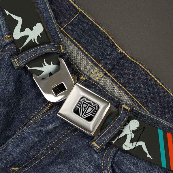 Buckle-Down BD Wings Logo CLOSE-UP Full Color Black Silver Seatbelt Belt - Mud Flap Girls W/Stripes Gray/Turquoise/Orange Webbing