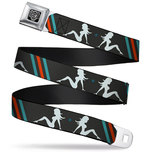 Buckle-Down BD Wings Logo CLOSE-UP Full Color Black Silver Seatbelt Belt - Mud Flap Girls w/Stripes Gray/Turquoise/Orange Webbing