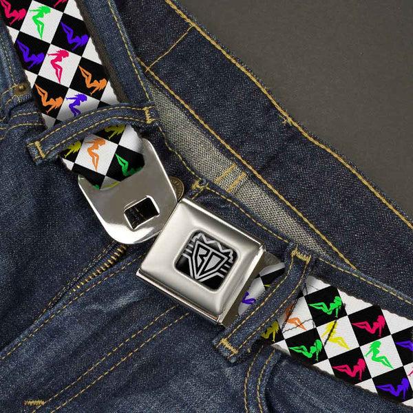 Buckle-Down BD Wings Logo CLOSE-UP Full Color Black Silver Seatbelt Belt - Mud Flap Girl Diamonds Black/White/Multi Neon Webbing