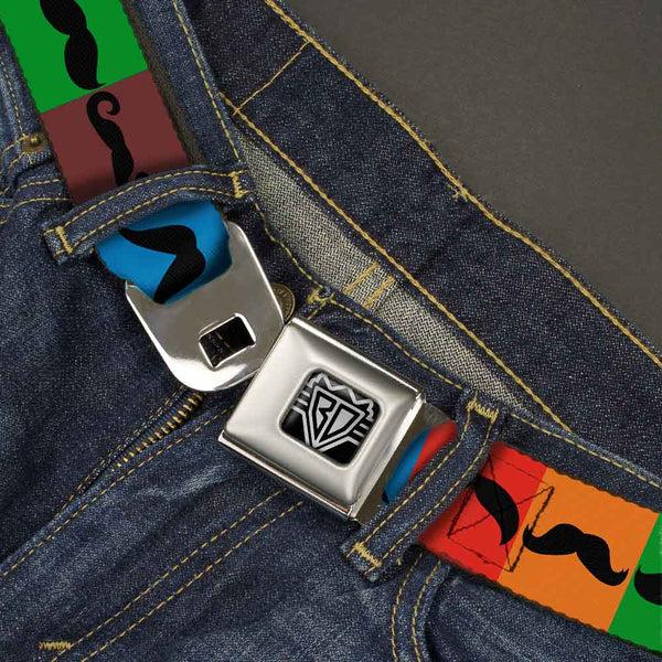 Buckle-Down BD Wings Logo CLOSE-UP Full Color Black Silver Seatbelt Belt - Mustaches Multi Color Blocks/Black Webbing