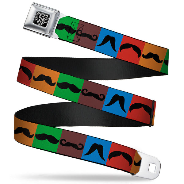 Buckle-Down BD Wings Logo CLOSE-UP Full Color Black Silver Seatbelt Belt - Mustaches Multi Color Blocks/Black Webbing