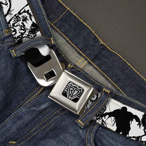 Buckle-Down BD Wings Logo CLOSE-UP Full Color Black Silver Seatbelt Belt - Zombies White/Black Webbing