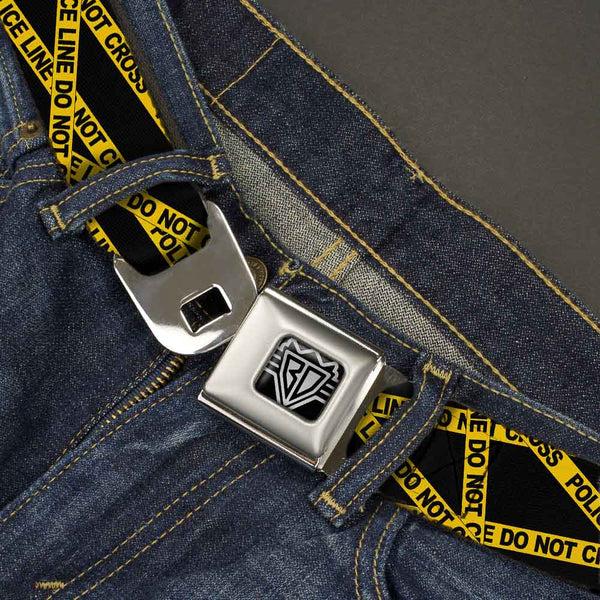 Buckle-Down BD Wings Logo CLOSE-UP Full Color Black Silver Seatbelt Belt - Police Line Black/Yellow Webbing