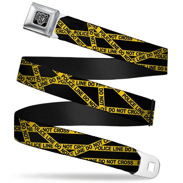 Buckle-Down BD Wings Logo CLOSE-UP Full Color Black Silver Seatbelt Belt - Police Line Black/Yellow Webbing