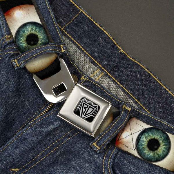 Buckle-Down BD Wings Logo CLOSE-UP Full Color Black Silver Seatbelt Belt - Vivid Blue Eyeball Black Webbing