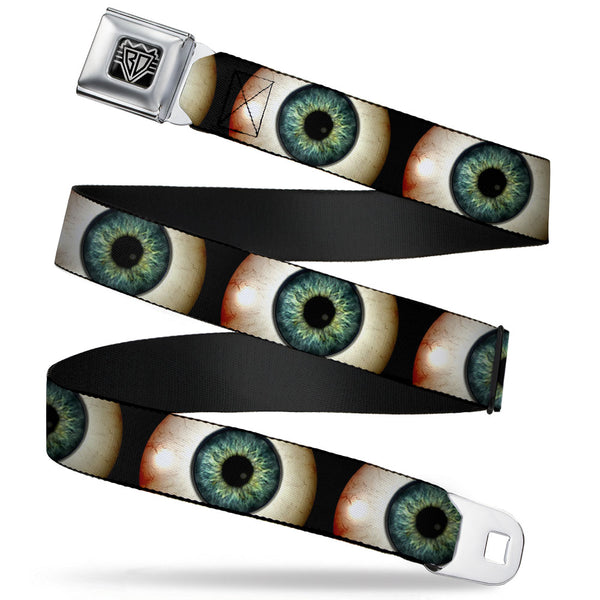 Buckle-Down BD Wings Logo CLOSE-UP Full Color Black Silver Seatbelt Belt - Vivid Blue Eyeball Black Webbing