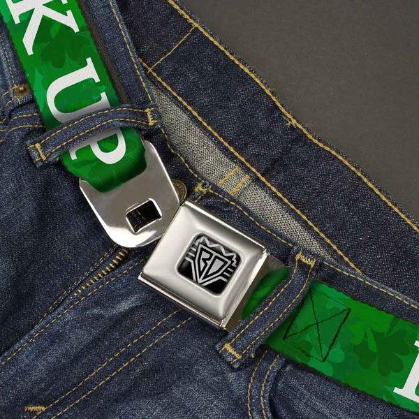 Buckle-Down BD Wings Logo CLOSE-UP Full Color Black Silver Seatbelt Belt - St. Pat's DRINK UP BITCHES/Stacked Shamrocks Greens/White Webbing