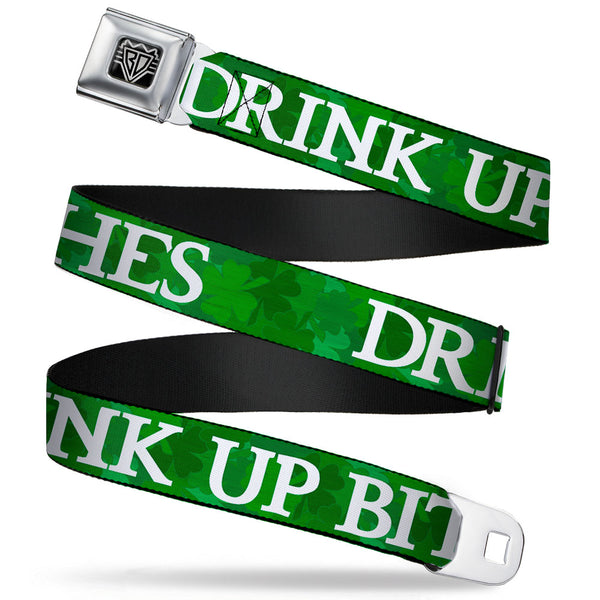 Buckle-Down BD Wings Logo CLOSE-UP Full Color Black Silver Seatbelt Belt - St. Pat's DRINK UP BITCHES/Stacked Shamrocks Greens/White Webbing