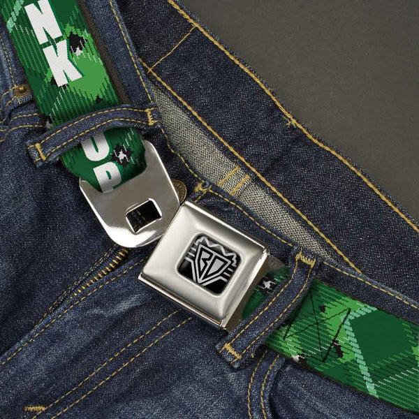 Buckle-Down BD Wings Logo CLOSE-UP Full Color Black Silver Seatbelt Belt - St. Pat's DRINK UP BITCHES/Beer Mugs/Stacked Shamrocks Greens/White/Gold Webbing