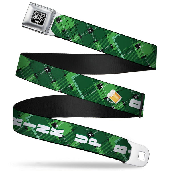 Buckle-Down BD Wings Logo CLOSE-UP Full Color Black Silver Seatbelt Belt - St. Pat's DRINK UP BITCHES/Beer Mugs/Stacked Shamrocks Greens/White/Gold Webbing