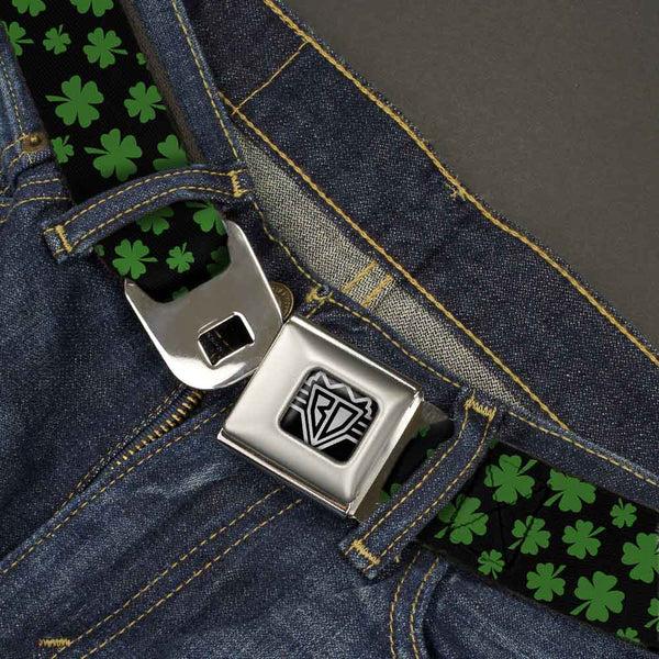 Buckle-Down BD Wings Logo CLOSE-UP Full Color Black Silver Seatbelt Belt - St. Pat's Clovers Scattered Black/Green Webbing