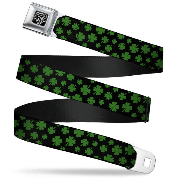 Buckle-Down BD Wings Logo CLOSE-UP Full Color Black Silver Seatbelt Belt - St. Pat's Clovers Scattered Black/Green Webbing