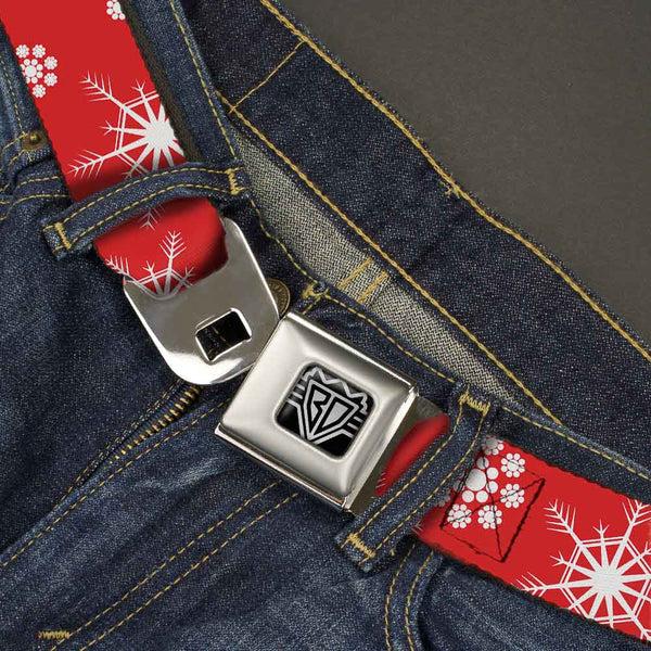 Buckle-Down BD Wings Logo CLOSE-UP Full Color Black Silver Seatbelt Belt - Snowflakes Red/White Webbing