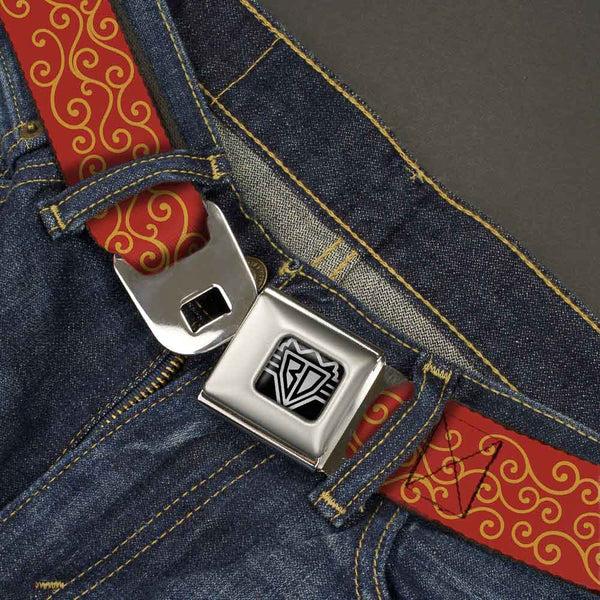 Buckle-Down BD Wings Logo CLOSE-UP Full Color Black Silver Seatbelt Belt - Holiday Trim Swirls Red/Gold Webbing