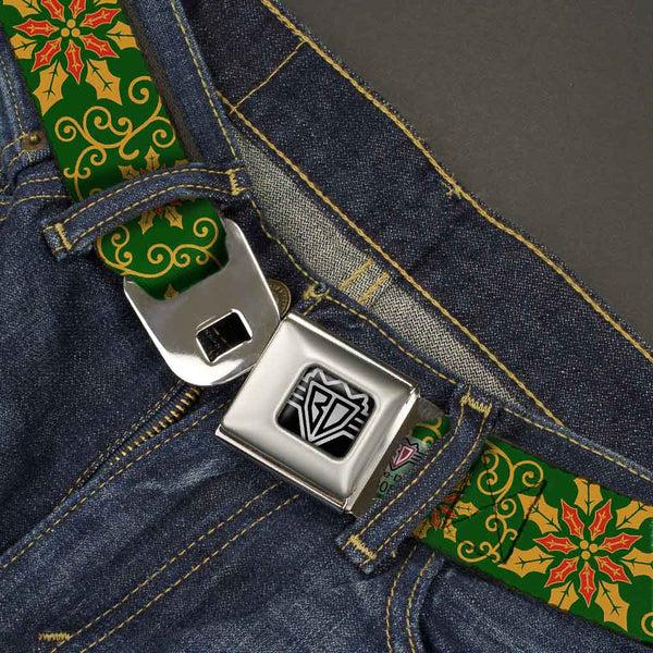 Buckle-Down BD Wings Logo CLOSE-UP Full Color Black Silver Seatbelt Belt - Holiday Holly Green/Gold/Red Webbing