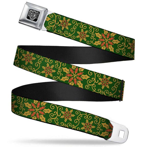 Buckle-Down BD Wings Logo CLOSE-UP Full Color Black Silver Seatbelt Belt - Holiday Holly Green/Gold/Red Webbing