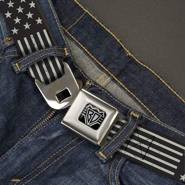 Buckle-Down BD Wings Logo CLOSE-UP Full Color Black Silver Seatbelt Belt - Americana Stars & Stripes2 Weathered Black/Gray Webbing