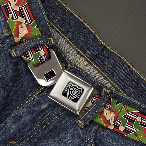 Buckle-Down BD Wings Logo CLOSE-UP Full Color Black Silver Seatbelt Belt - Christmas Elves/Stripes Black/Red/White/Green Webbing