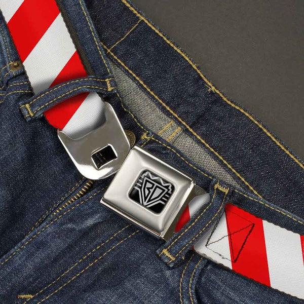 Buckle-Down BD Wings Logo CLOSE-UP Full Color Black Silver Seatbelt Belt - Candy Cane2 Stripe White/Red Webbing