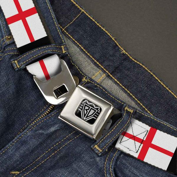 Buckle-Down BD Wings Logo CLOSE-UP Full Color Black Silver Seatbelt Belt - England Flags Webbing