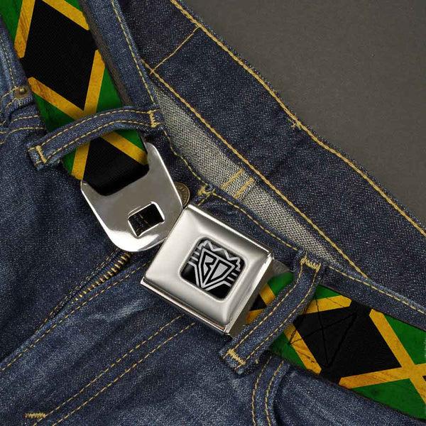 Buckle-Down BD Wings Logo CLOSE-UP Full Color Black Silver Seatbelt Belt - Jamaica Flags Vintage Black Webbing