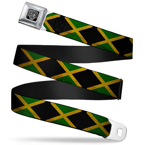 Buckle-Down BD Wings Logo CLOSE-UP Full Color Black Silver Seatbelt Belt - Jamaica Flags Vintage Black Webbing