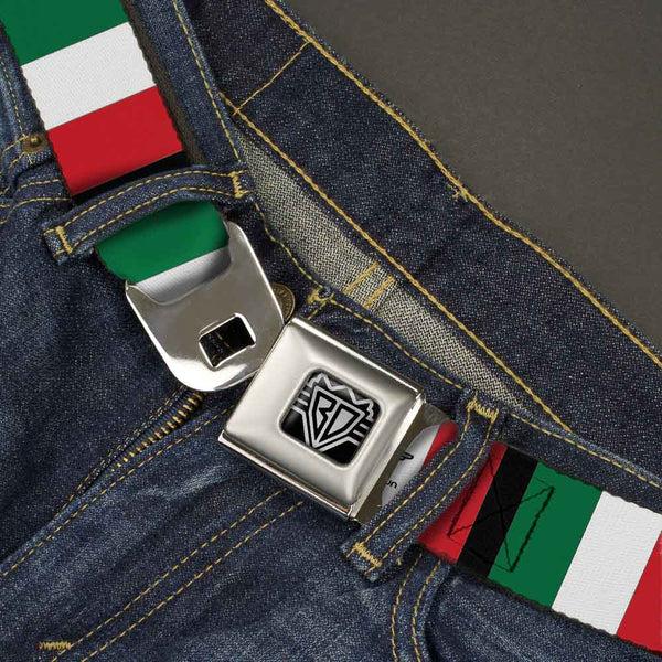 Buckle-Down BD Wings Logo CLOSE-UP Full Color Black Silver Seatbelt Belt - Italy Flags Webbing
