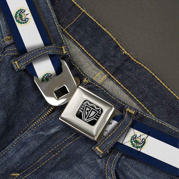 Buckle-Down BD Wings Logo CLOSE-UP Full Color Black Silver Seatbelt Belt - El Salvador Flag Webbing