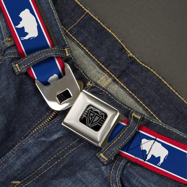 Buckle-Down BD Wings Logo CLOSE-UP Full Color Black Silver Seatbelt Belt - Wyoming Flags Bison Silhouette Webbing