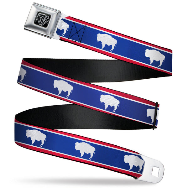 Buckle-Down BD Wings Logo CLOSE-UP Full Color Black Silver Seatbelt Belt - Wyoming Flags Bison Silhouette Webbing