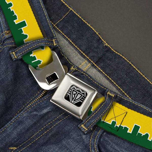 Buckle-Down BD Wings Logo CLOSE-UP Full Color Black Silver Seatbelt Belt - Seattle Skyline Yellow/Emerald Green Webbing
