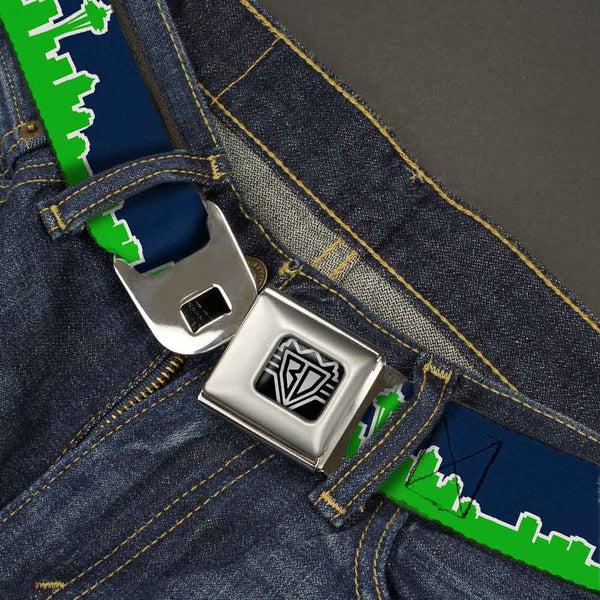 Buckle-Down BD Wings Logo CLOSE-UP Full Color Black Silver Seatbelt Belt - Seattle Skyline Navy/Lime Green Webbing