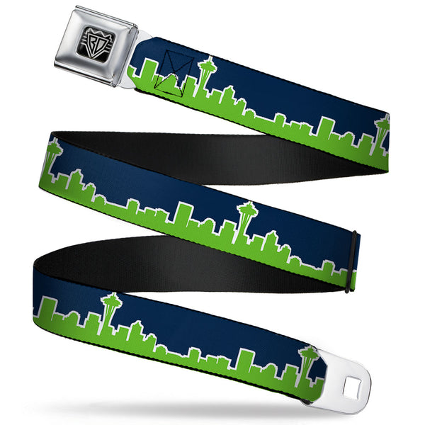 Buckle-Down BD Wings Logo CLOSE-UP Full Color Black Silver Seatbelt Belt - Seattle Skyline Navy/Lime Green Webbing