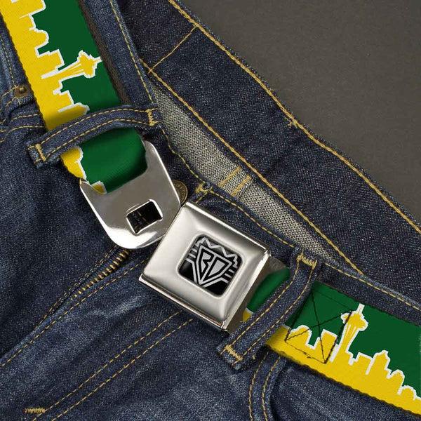 Buckle-Down BD Wings Logo CLOSE-UP Full Color Black Silver Seatbelt Belt - Seattle Skyline Green/Yellow Webbing