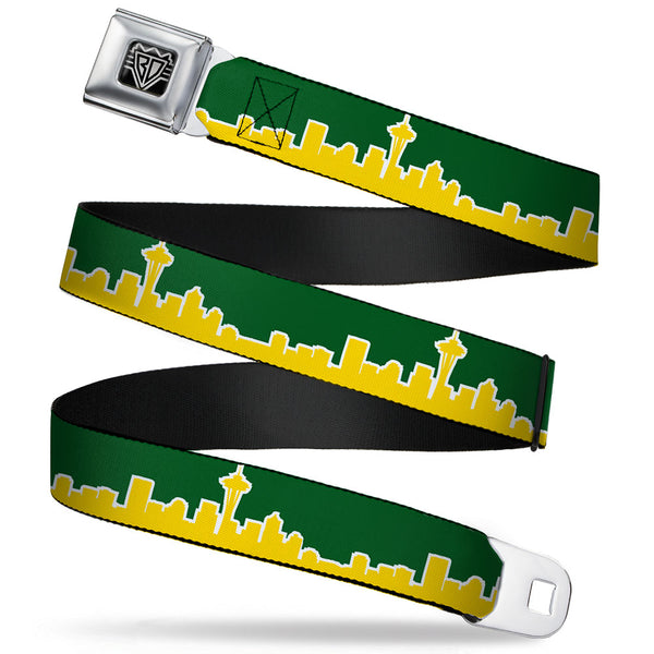 Buckle-Down BD Wings Logo CLOSE-UP Full Color Black Silver Seatbelt Belt - Seattle Skyline Green/Yellow Webbing