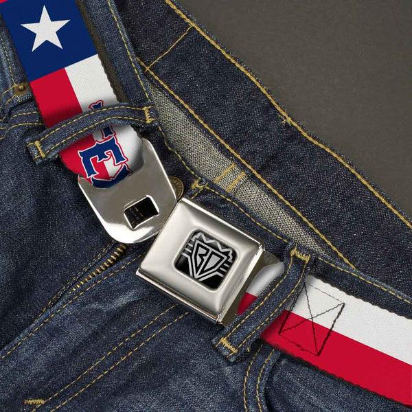 Buckle-Down BD Wings Logo CLOSE-UP Full Color Black Silver Seatbelt Belt - Texas Flag/TEXAS Webbing