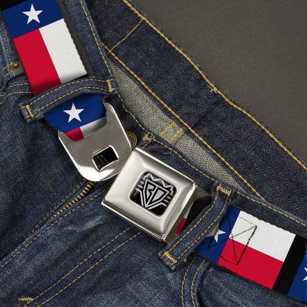 Buckle-Down BD Wings Logo CLOSE-UP Full Color Black Silver Seatbelt Belt - Texas Flag/Black Webbing