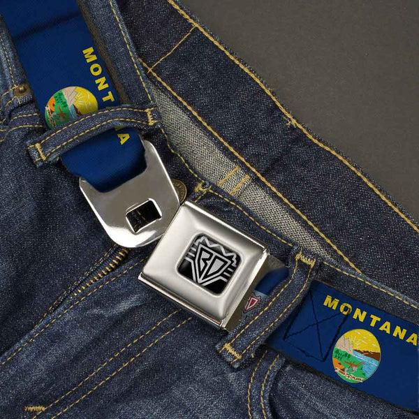 Buckle-Down BD Wings Logo CLOSE-UP Full Color Black Silver Seatbelt Belt - Montana Flags Webbing