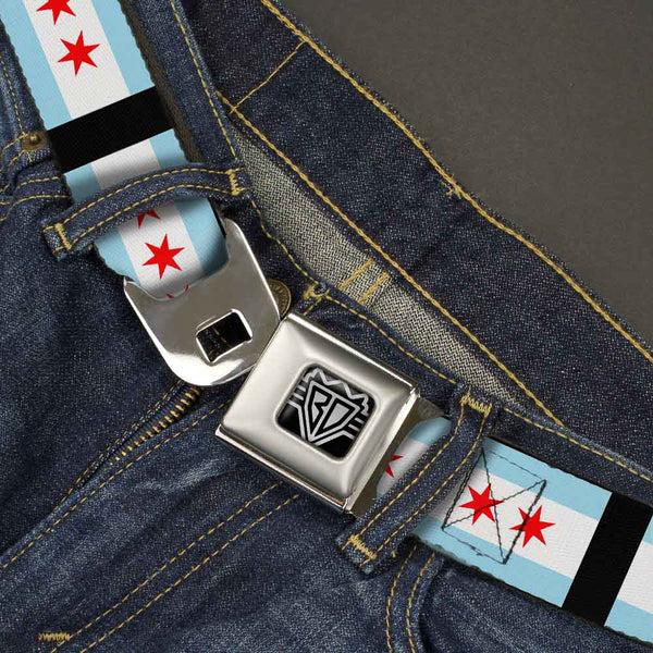 Buckle-Down BD Wings Logo CLOSE-UP Full Color Black Silver Seatbelt Belt - Chicago Flags/Black Webbing