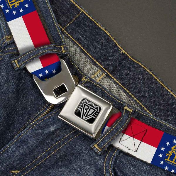 Buckle-Down BD Wings Logo CLOSE-UP Full Color Black Silver Seatbelt Belt - Georgia Flag Webbing