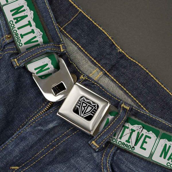 Buckle-Down BD Wings Logo CLOSE-UP Full Color Black Silver Seatbelt Belt - Colorado License Plate NATIVE Webbing