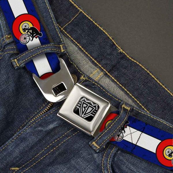 Buckle-Down BD Wings Logo CLOSE-UP Full Color Black Silver Seatbelt Belt - Colorado Biker Distressed Webbing