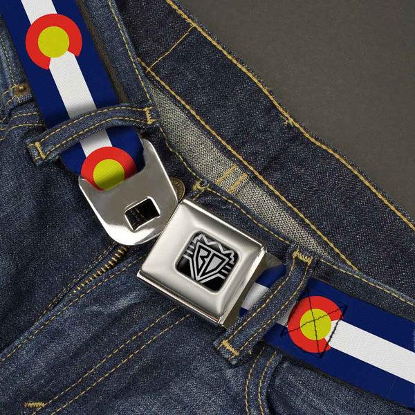 Buckle-Down BD Wings Logo CLOSE-UP Full Color Black Silver Seatbelt Belt - Colorado Flags2 Repeat Webbing