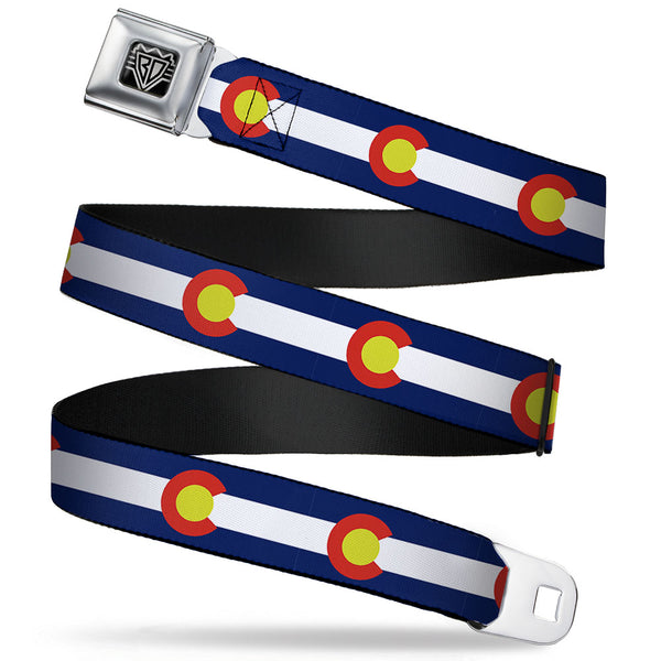 Buckle-Down BD Wings Logo CLOSE-UP Full Color Black Silver Seatbelt Belt - Colorado Flags2 Repeat Webbing