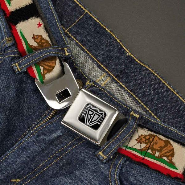Buckle-Down BD Wings Logo CLOSE-UP Full Color Black Silver Seatbelt Belt - California Flag Distressed Painting Blocks Webbing